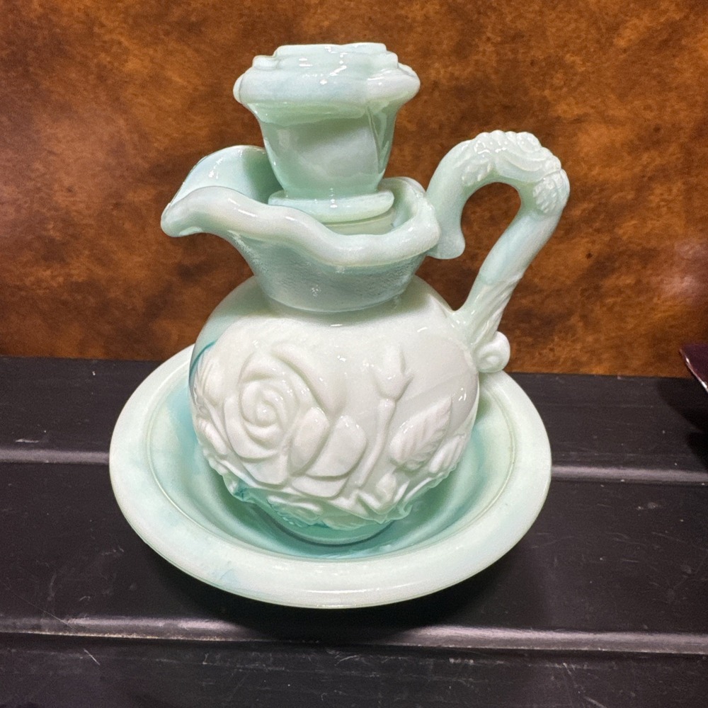 Avon Pale Green and White Floral Glass Ewer and Basin